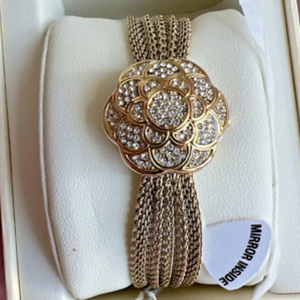 Antique Floral Swarovski Crystal Mesh Bracelet Dress Watch Peek-a-Boo Flip Cover